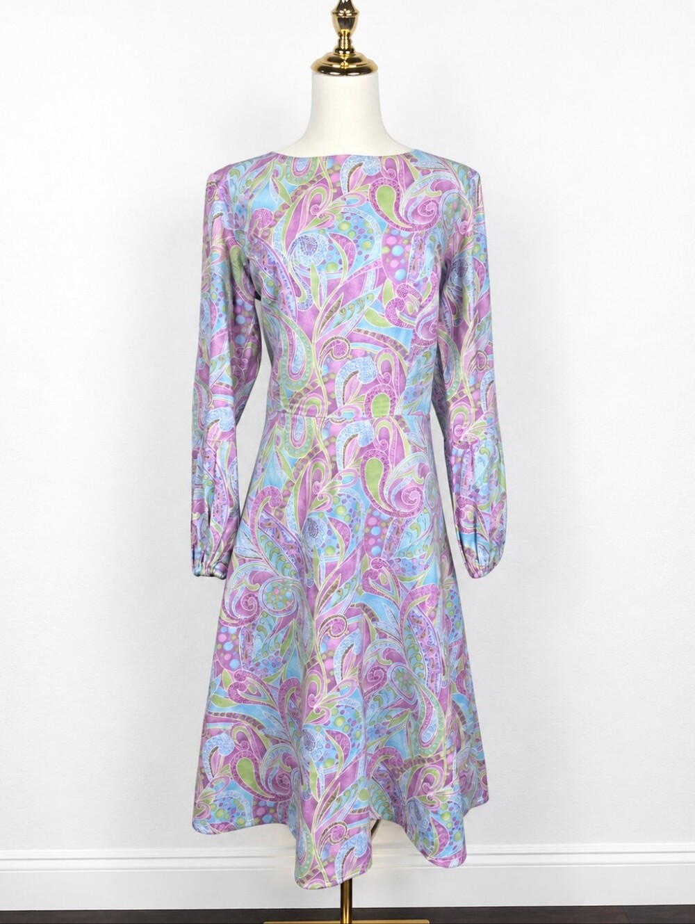 Vintage 70s Psychedelic Paisley Dress S Balloon Sleeve Boho Mod Groovy Pastel